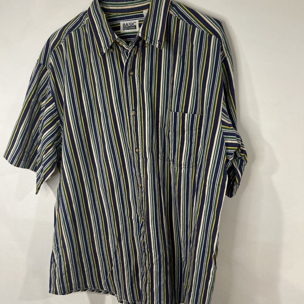 Vintage Basic Editions Mens L Striped Button Front Shirt Blue Green Yellow (016)